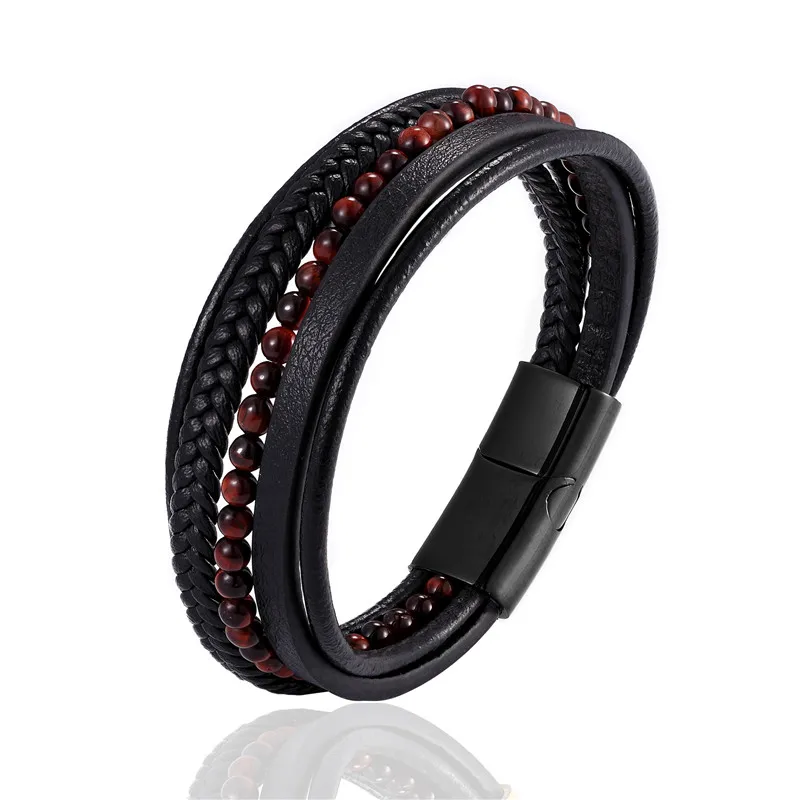 MKENDN Fashion Male Jewelry Braided Leather Bracelet Red Tiger Eye Beads Bracelet Black Stainless Steel Magnetic Clasps Men Wris