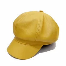 Британский стиль Для женщин однотонная шапка PU Досуг берет остроконечные Кепки