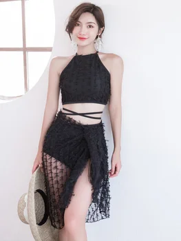 

New Black Transparent Cover-ups Three Piece Swimsuit Sexy Mesh Bikini Swimwear Beach High Waist Women Bathing Suits