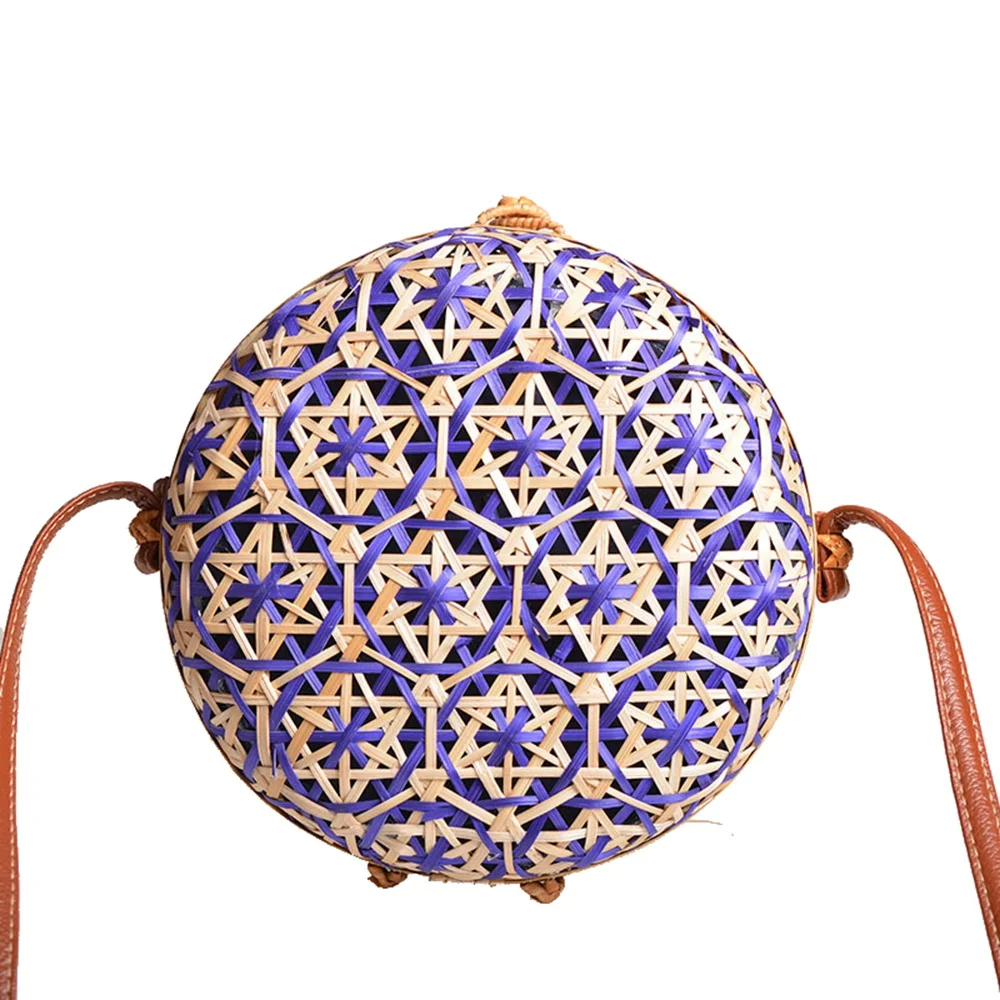 

New Round Straw Beach Bag Circle Rattan Bag Women Handbag Colorful Flower Pattern Female Message Shoulder Bag