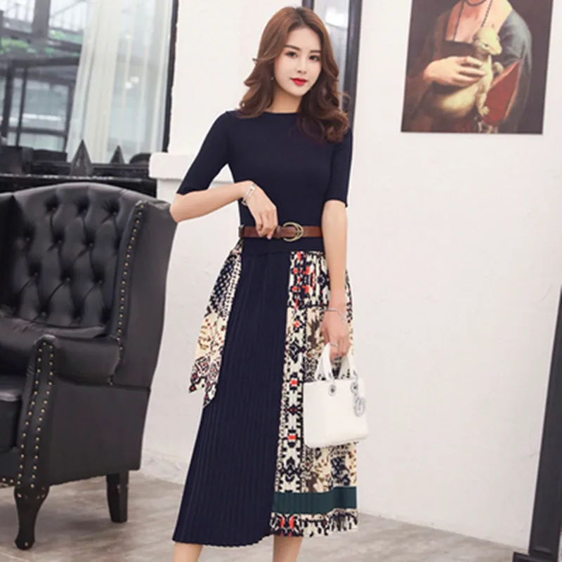 2019 New Arriva Elegant Runway Designer Knitted Women Pleated Dress Female High Quality Knitting Spliced Draped Casual Dresses | Женская
