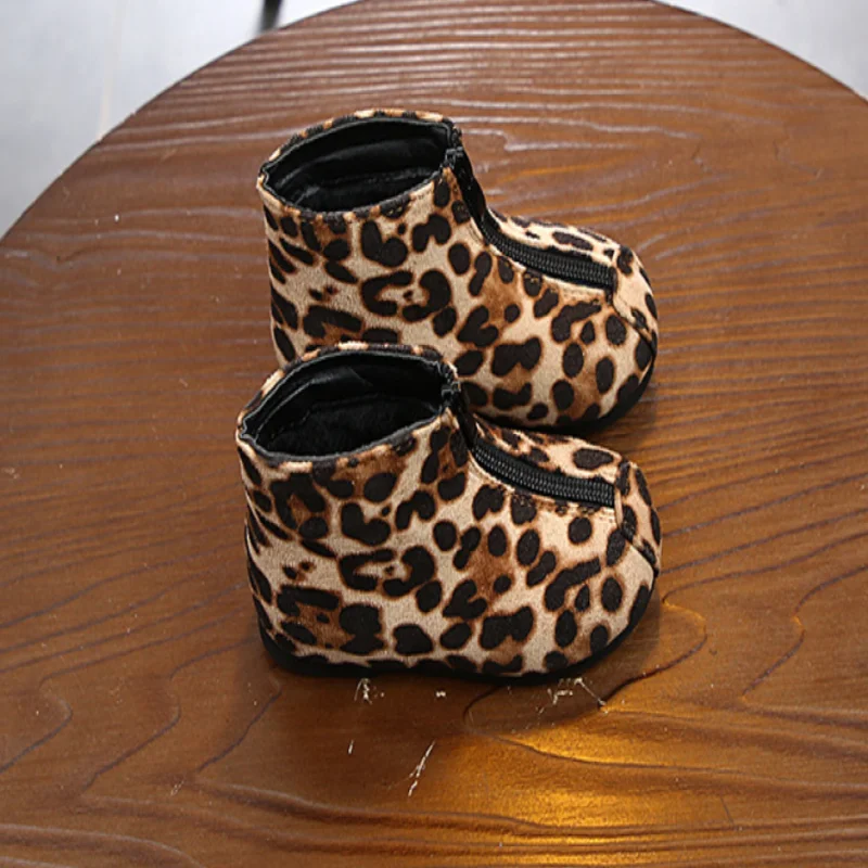 New Korean Childrens Front Zipper Leopard Short Boots In Autumn And Winter Childrens Cotton Shoes And Plush Short Boots