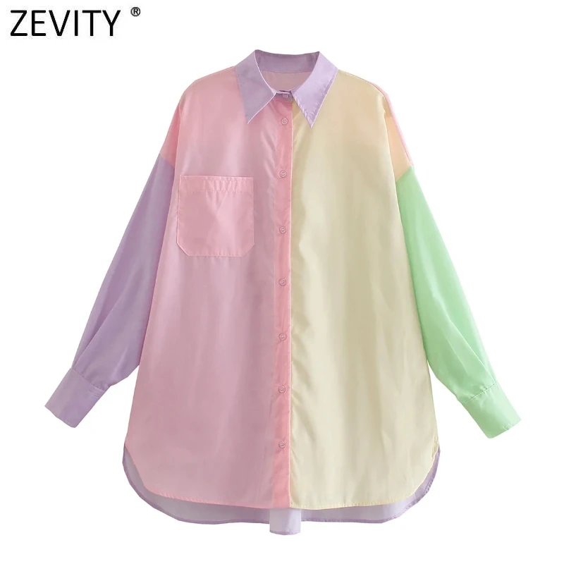 Zevity Women Sweet Candy Color Patchwork Oversize Shirts Female Long Sleeve Single Pocket Blouse Roupas Chic Blusas Tops LS9406