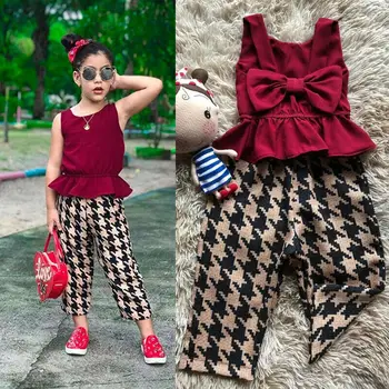 オンライン Emmababy 女の赤ちゃん服ちょう結びノースリーブ背中ファッションフリルベスト + チェック柄パンツ衣装夏