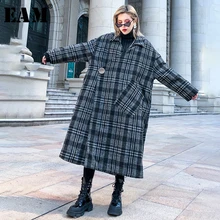 [EAM] длинное шерстяное пальто свободного кроя в черную клетку с хлопковой подкладкой, парки, новинка, длинный рукав, женская мода, Осень-зима, 1H896