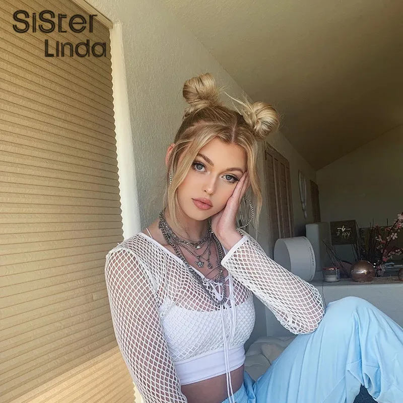 

Sisterlinda Sexy Transparent Mesh Cropped Tops Women T-shirt Lace Up Hollow Out Outfits T-shirt 2019 New Fall Fashion Tees Mujer