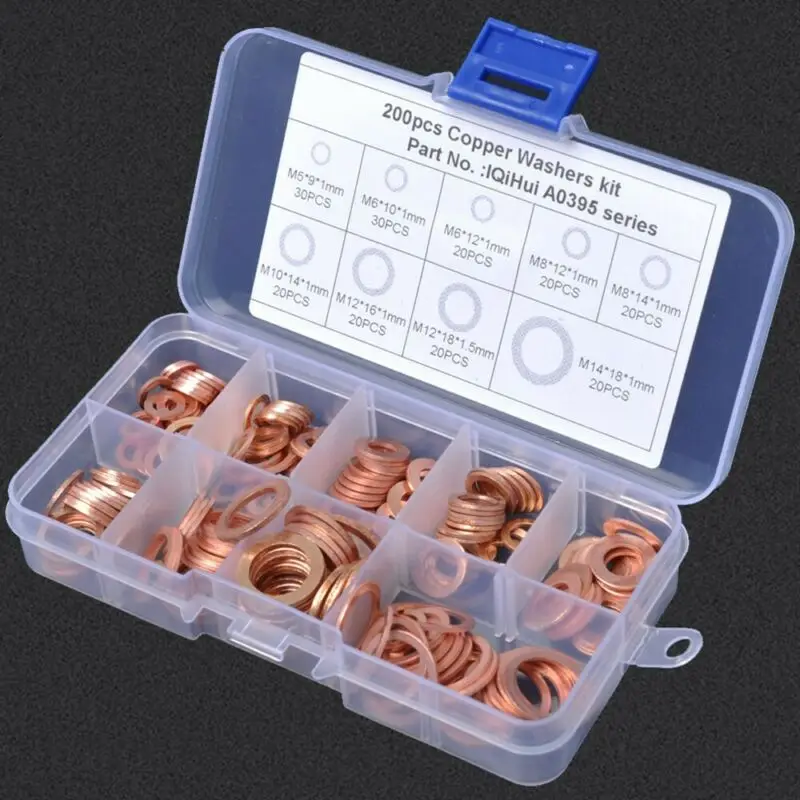 

Solid Copper Crush Washers Seal Sealing Flat O-Ring Gaskets Assortment Kit Box Durable And Practical To Use