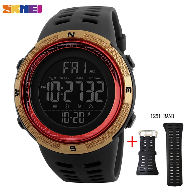 SKMEI Fashion Outdoor Sport Watch Men Multifunction Watches Alarm Clock Chrono 5Bar Waterproof Digital Watch reloj hombre 1251 Gold Red