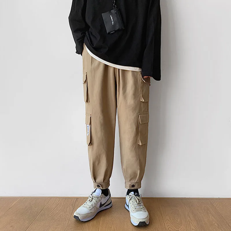 Хаки Высококачественные мужские модные брюки-карго Oversized большого размера с несколькими карманами, Молодежные мужские брюки в стиле хип-хоп - Цвет: Хаки