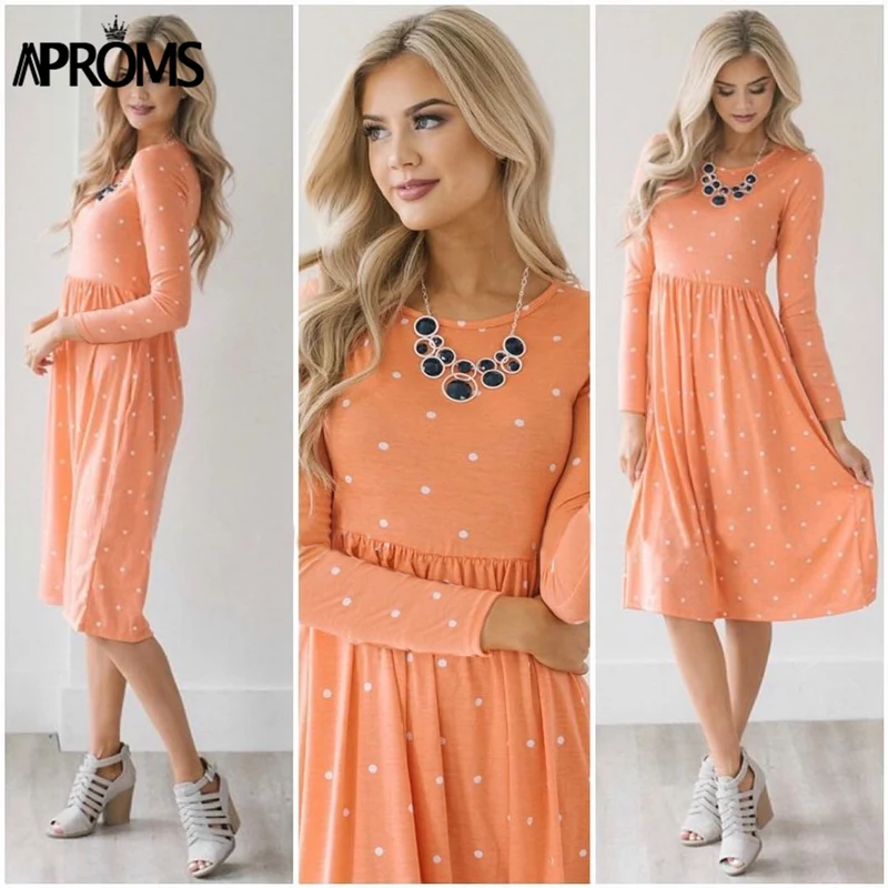 100085 Orange Aproms, шикарное зимнее платье миди в горошек с цветочным принтом, Женская Осенняя мода, платье с длинным рукавом, поясом и бантом, Платья для вечеринок, женское платье - Color: 100085 Orange