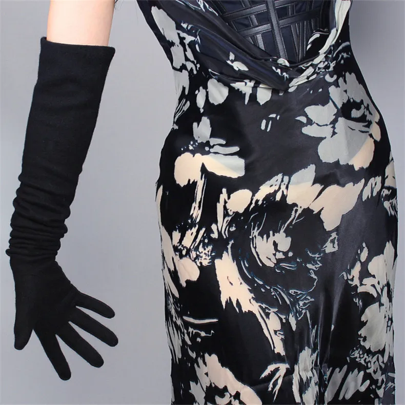 Cashmere Gloves Extra Long 70cm Wool Black Elastic Organza Wave Lace Angel Wings Female Evening Gloves WYR06