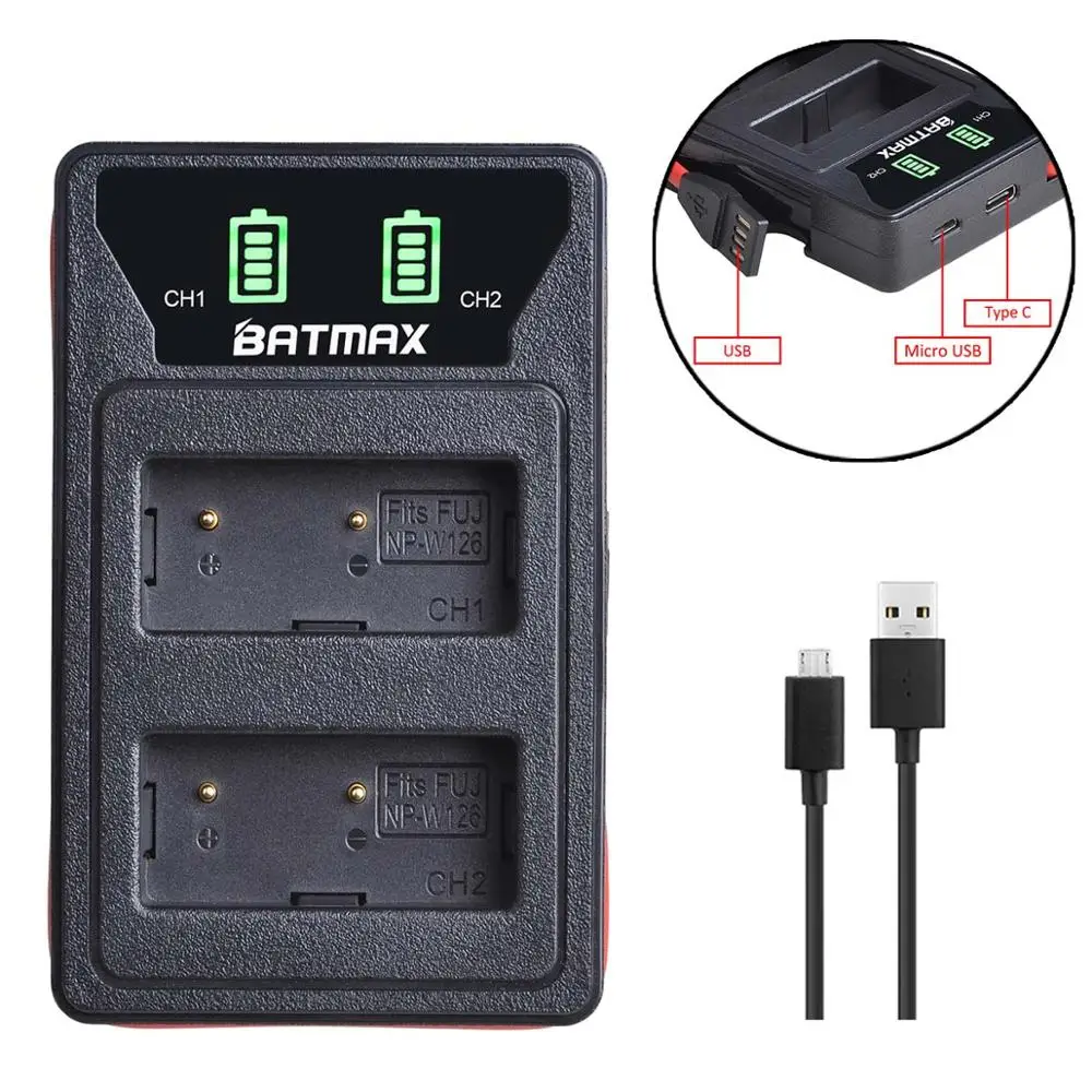 Batmax NP-W126 NP-W126S Battery+LED Dual USB Charger&Type C Port for Fujifilm HS30EXR HS33EXR X-Pro1 X-E1 X-E2 X-A1 X-A2 X-T20