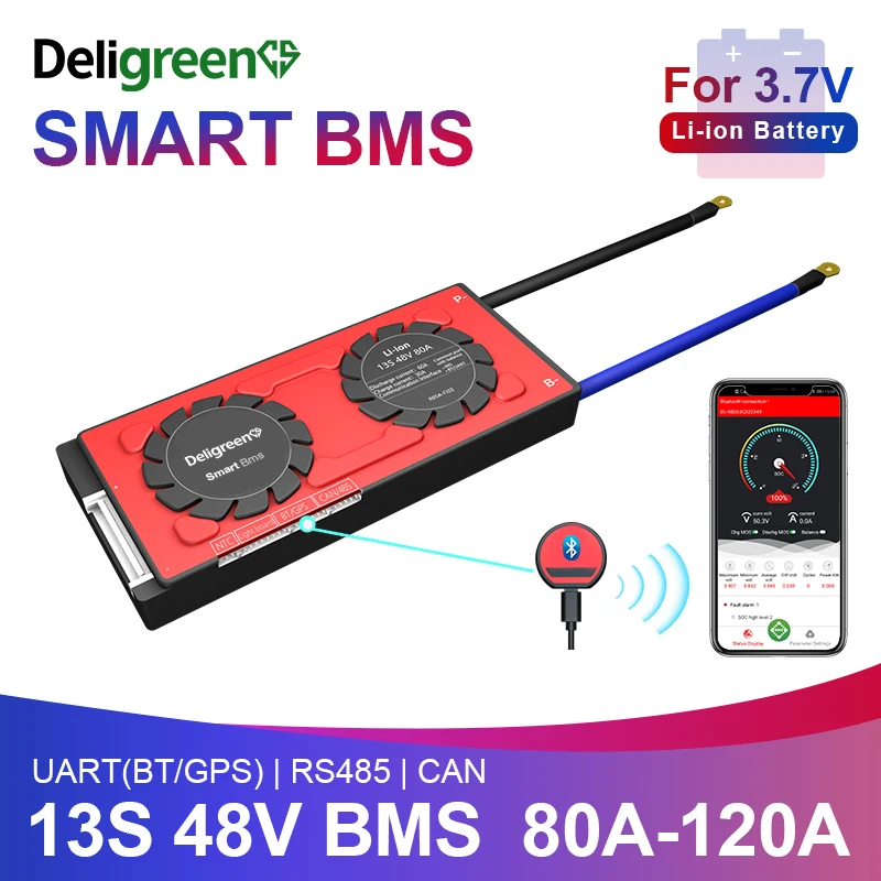 

smart BMS 13S Li-ion 80A 100A 120A UART NTC Bluetooth Module 485 CAN for 48V Lithium Battery Pack Energy Storage With Balance