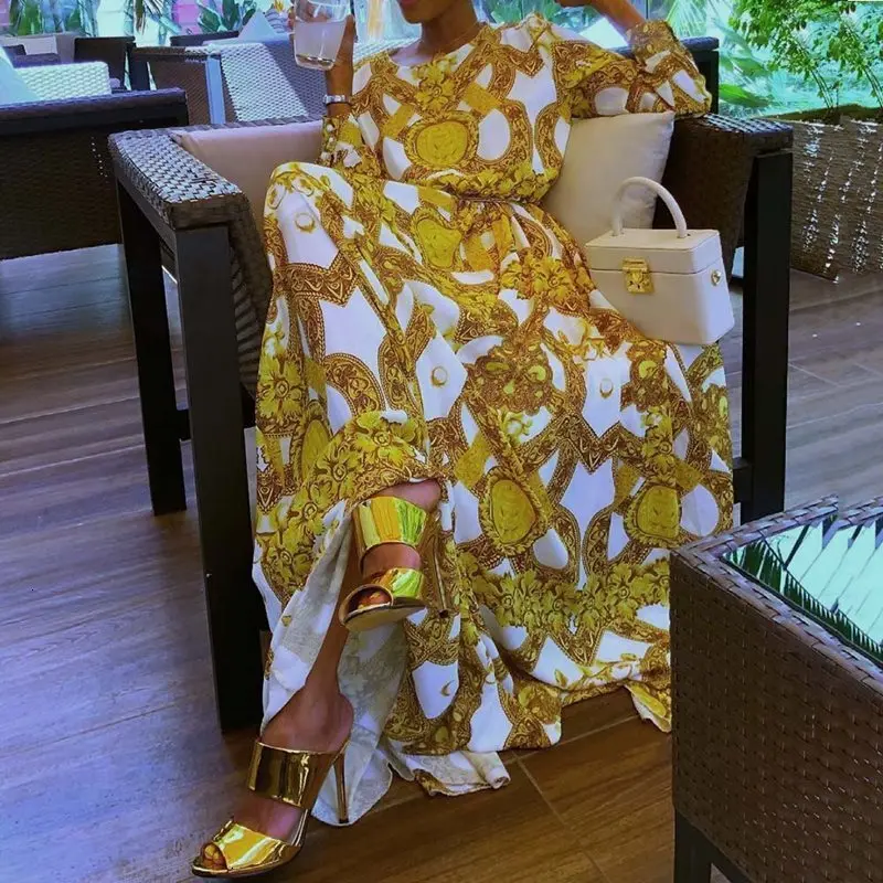 

Summer Elegant Boho Yellow African Black Girls Women Long Dresses Plus Size Casual Print Ethnic 2019 Female Fashion Maxi Dress