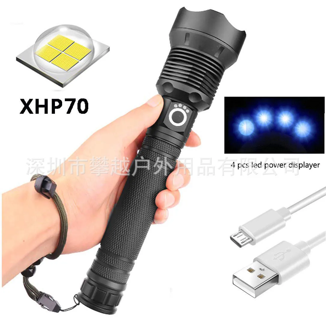 

New Style Xhp70 USB Rechargeable Flashlight with Battery Indicator Retractable Dimming High-Power Glare Flashlight