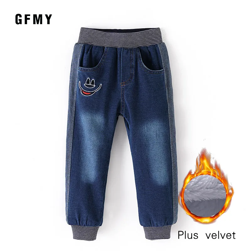 Синий GFMY/ г. Брендовые зимние Утепленные вельветовые детские штаны с вышивкой для отдыха теплые джинсы с эластичной резинкой для мальчиков - Цвет: Синий