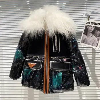 

2020 Winter New Big Lamb Wool Collar Star Sky Bright Collage Design Long Sleeve Parka Women Coat