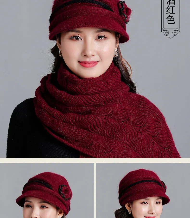 Новые зимние Для женщин кролика меховая шапка шарф комплект теплая шерсть вязаные плюшевые наборы шарф шапка крючком капот шапка для мам