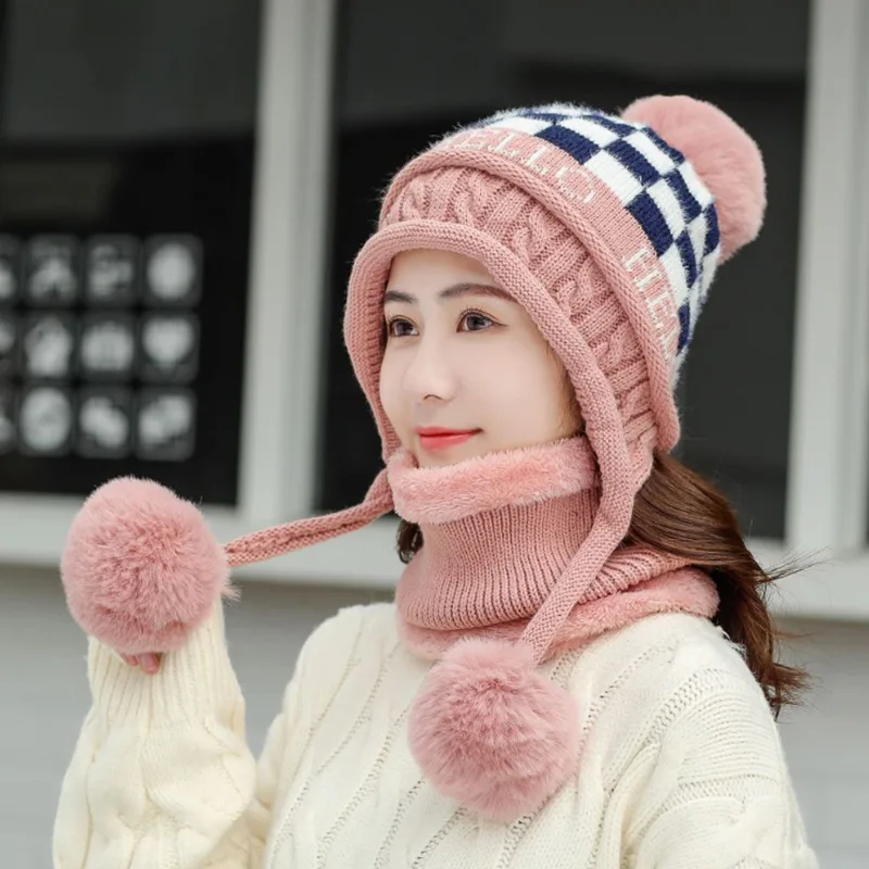 BINGYUANHAOXUAN, модные женские зимние шапки, шарф, вязаная шапка, шары помпоны, Шапка-бини, толстая женская шапка, шарф - Цвет: Hat scarf pink