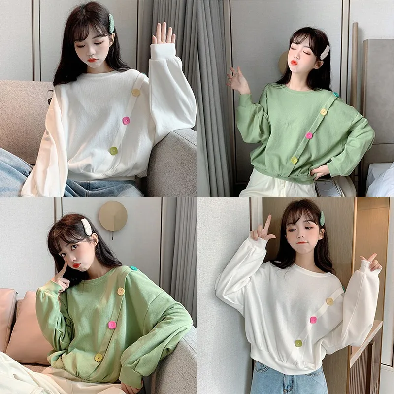 Корейская Повседневная негабаритная модная свободная толстовка с длинными рукавами женская новая милая Кнопка пуловеры толстовка