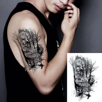 

Waterproof Temporary Tattoo Sticker Wolf Crow Bird Forest Tree Black Fake Tatto Flash Tatoo Arm Leg Big Art for Women Men girl