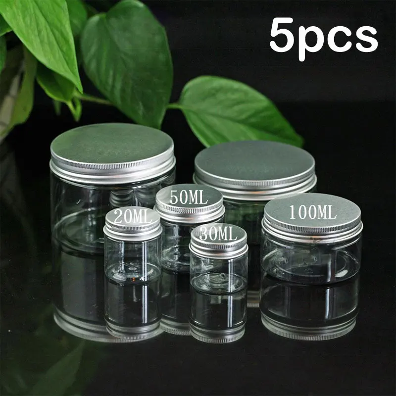 

5pcs Empty PET Clear Cosmetic Jars Pots Eye Cream Lotion Lip Balm Makeup with Aluminum Screw Caps 20g 30g 50g 100g 120g 150g