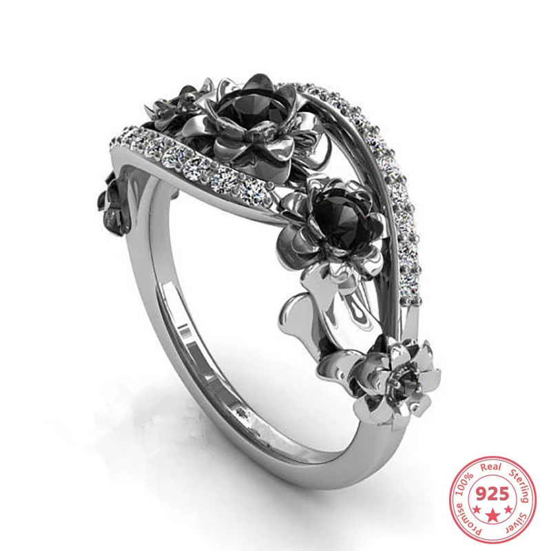 S925 Стерлинговое Серебро обсидиан алмаз кольца для женщин Роза цветок Anillos ювелирные изделия черный топаз 925 Обручальное кольцо драгоценный камень ювелирные изделия