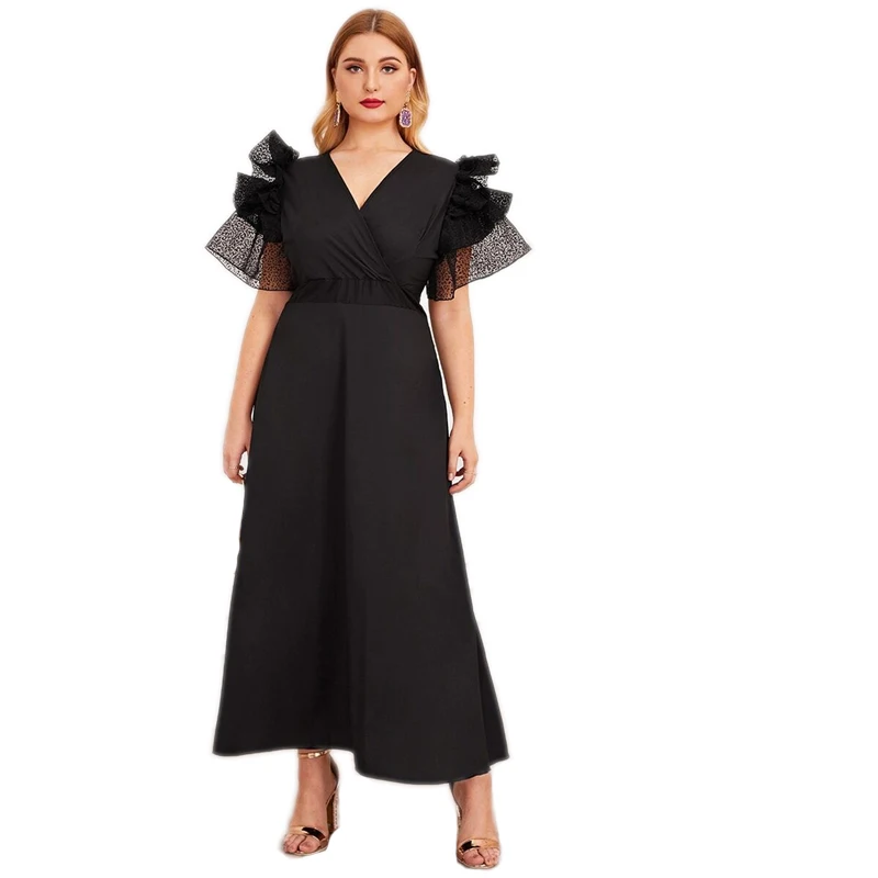 SHEIN плюс Размеры черный V образным вырезом преувеличенный рюшами свободного покроя расклешенное вечерние платье Для женщин осень короткий рукав Женская линия Макси платья