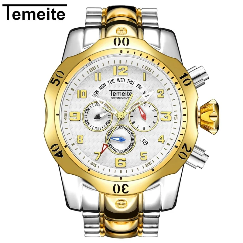 silver gold white Temeite спортивные мужские часы с 6 стрелками модные золотые часы из нержавеющей стали мужские часы водонепроницаемые мужские часы люксовый бренд Relogio - Цвет: silver gold white