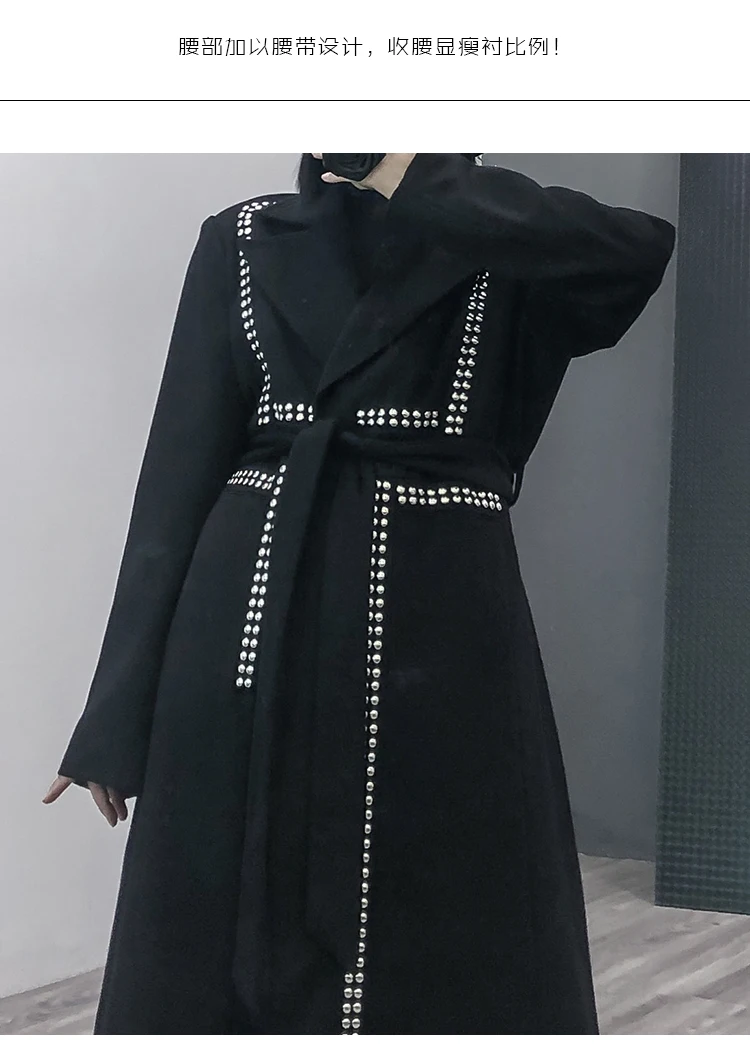 Новое поступление, зимнее шерстяное модное Черное длинное пальто с заклепками в стиле панк, готика, женская модная куртка, верхняя одежда