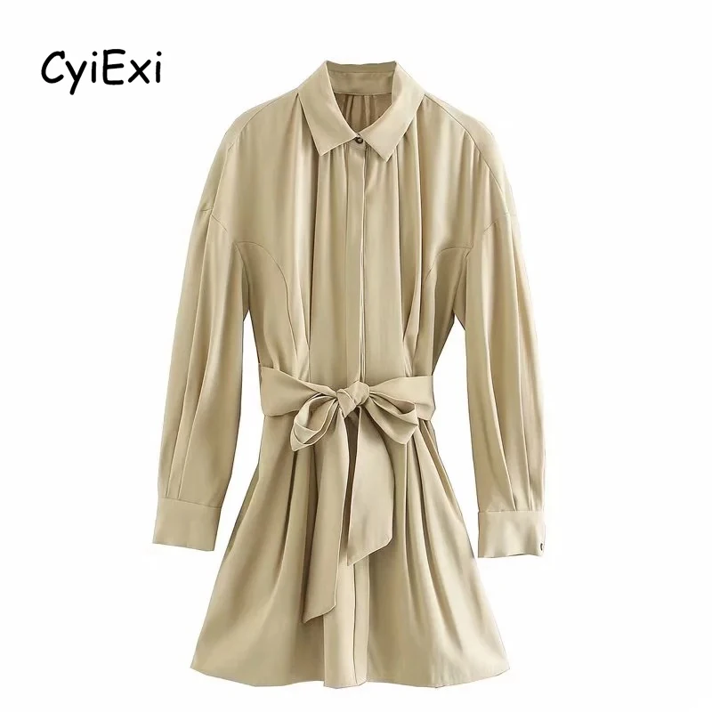 

CyiExi Spring Autumn Dress Women Long Sleeve Mini Dresses High Waist Office Ladies A-line Dress with Bow Solid Female Vestidos