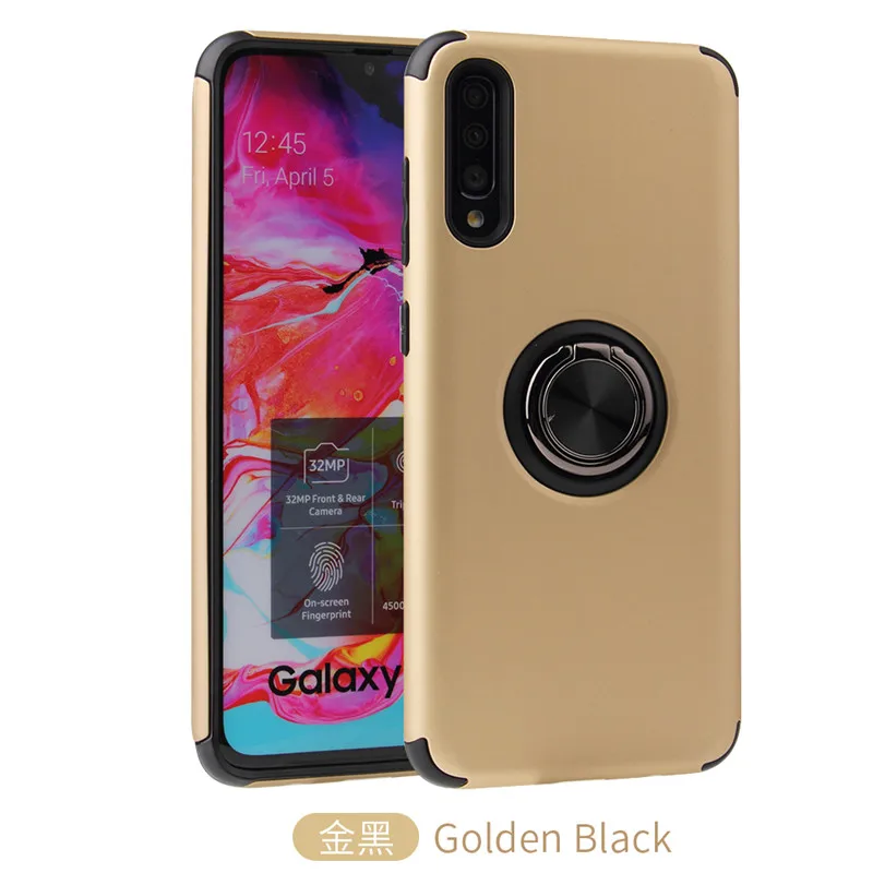 Противоударный чехол для телефона samsung A50 A70, качественный мягкий ТПУ Жесткий ПК A20 A30, полный Чехол, Роскошный Металлический Чехол-подставка - Цвет: Gold Black