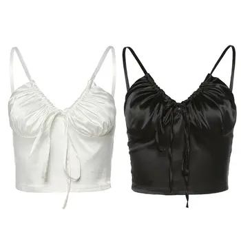 

Women Sexy V-Neck Sleeveless Crop Top Ruched Lace-Up Solid Color Slim Camisole