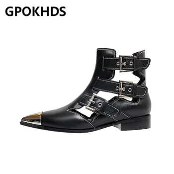 

GPOKHDS 2021 women ankle boots Cow leather Spring/Autumn Cutouts Pointed toe Buckle Strap high heels female boots size 40