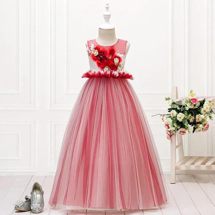 Skyyue Flower Girl Pageant Dresses for Wedding Red Yellow Elegant O-Neck Ball Gown Bow Belt Kid Party Communion Dress 151
