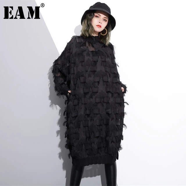 US $18.48 [EAM] 2020 New Spring Autumn Stand Collar Long Sleeve Perspective Black Loose Tassels Big Size Dres