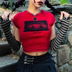 Allneon grunge punk streetwear olho gráfico vermelho t shirts com listrado manga shopping goth y2k o neck manga curta bebê t harajuku