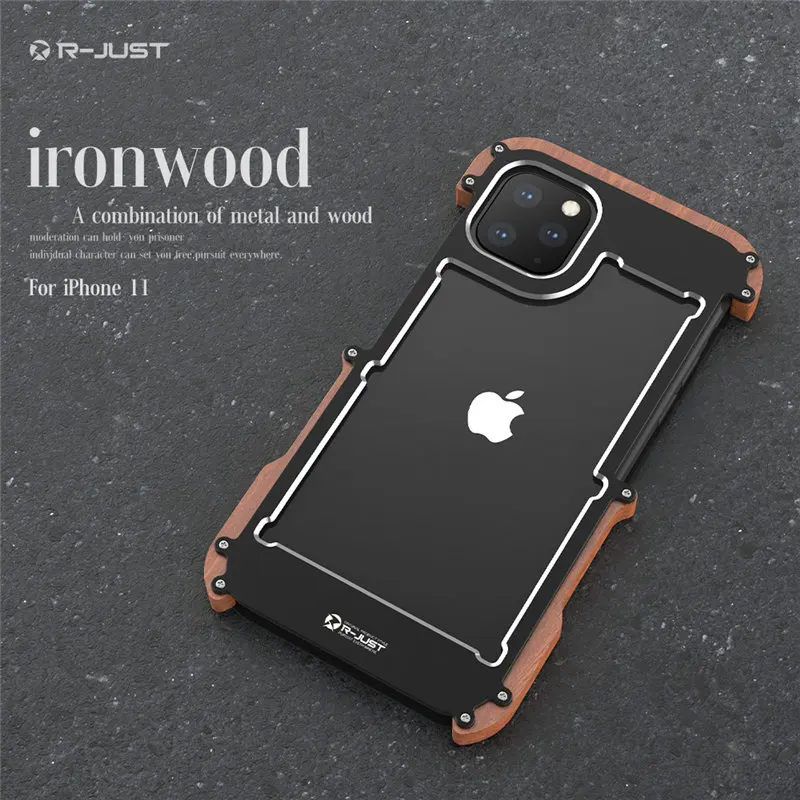 

Phone Case For iPhone 11 Pro Max Original R-Just Wood Bumper Metal Case For iPhone 11 Aluminum Frame Phone Cases Accessories