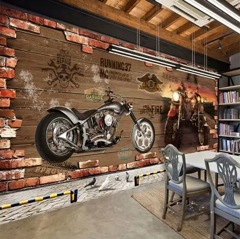 На заказ 3d Фреска интернет кафе 3D винтажная мотоциклетная машина деревянная кирпичная стена Европейская ретро кафе Спальня Гостиная Фреска обои