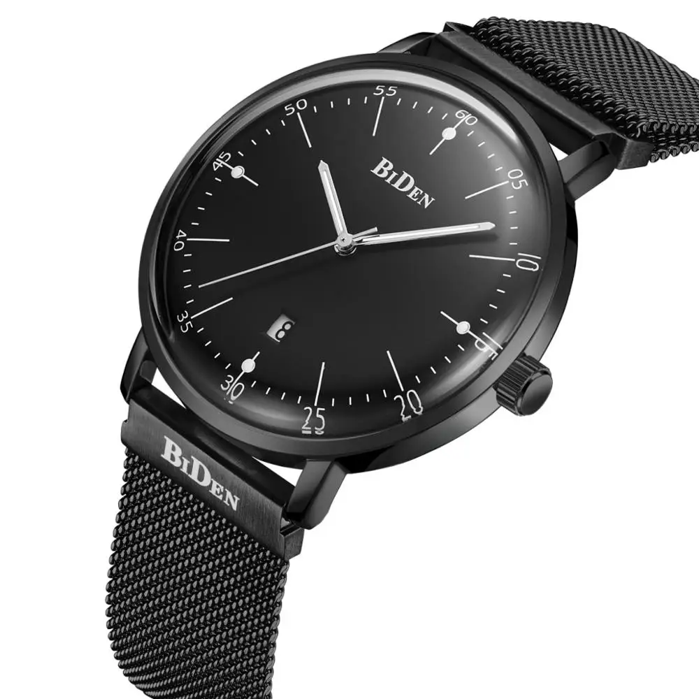 

BIDEN Black Mens Watch Creative Date Mesh Stainless Steel Band Man Wrist Watches Waterproof Hardlex Mirror Reloj Erkek Kol Saati