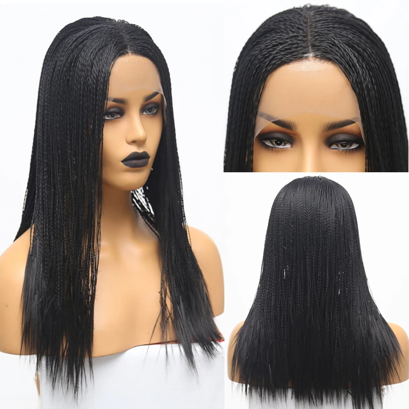 

RONGDUOYI Black High Temperature Fiber Synthetic Hair Wigs for Women Full Hand Made 2x Twist Braids Lace Front Wig Middle Part