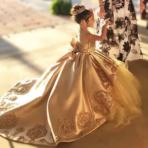 Золотые Атласные Платья с цветочным принтом для девочек, свадебное платье для девочек с вышивкой бисером, пышное платье, одежда для дня рождения, бальные платья