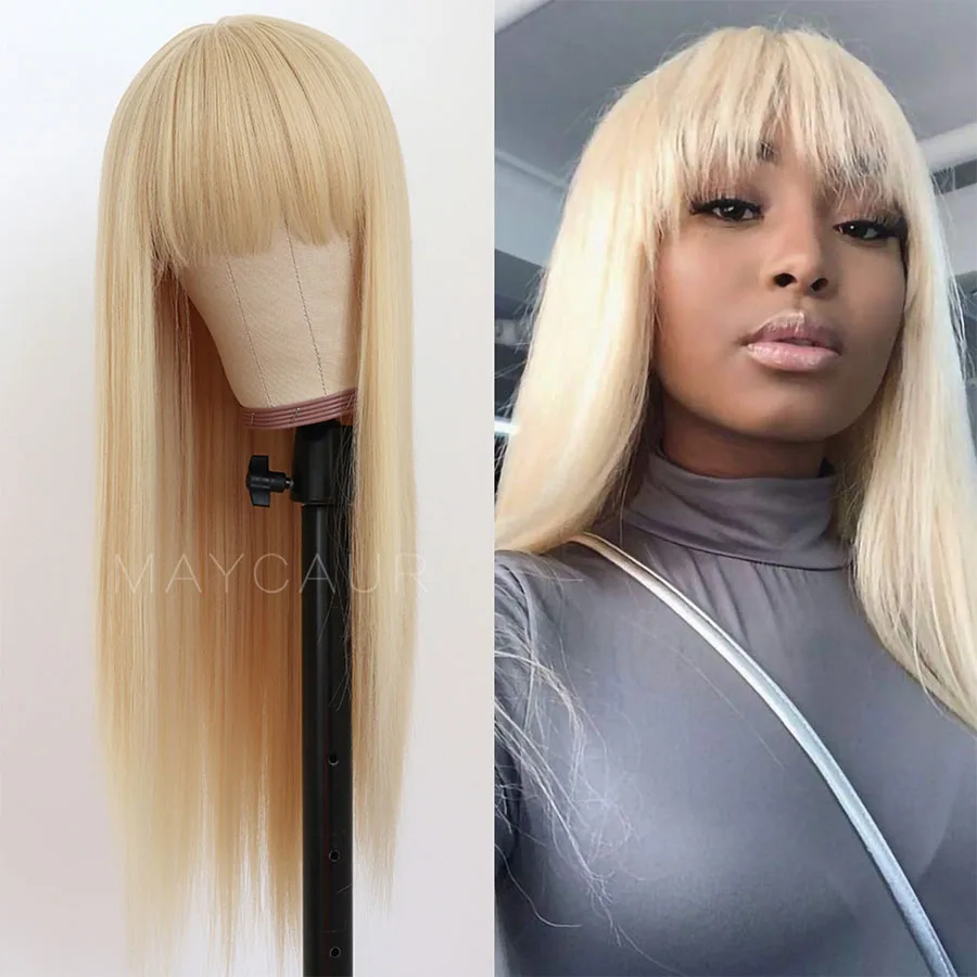 Maycaur Blonde Synthetic Hair Wigs with Full Bangs #613 Color Long Straight Women's Wig Heat Resistant Synthetic No Lace Front Wig (6)