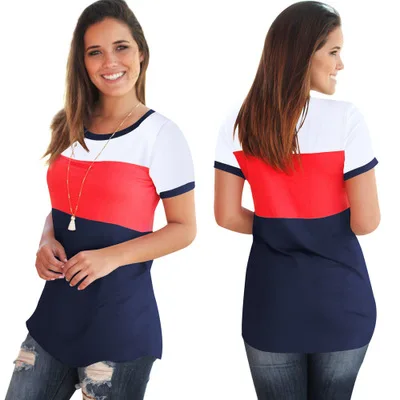 

Fashion Simple Casual Contrast Color Patchwork Short Sleeve O-Neck Pullover Tee Summer Streetwear Women Fitting T-Shirt XY094