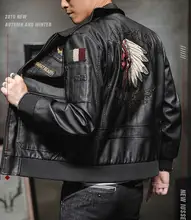 

FAKUNTN 2021 Jacket Lapel Men's Leather Embroidery Motorcycle Jacket Spring and Fall Men's Casual Trend Leather Jacket Coat