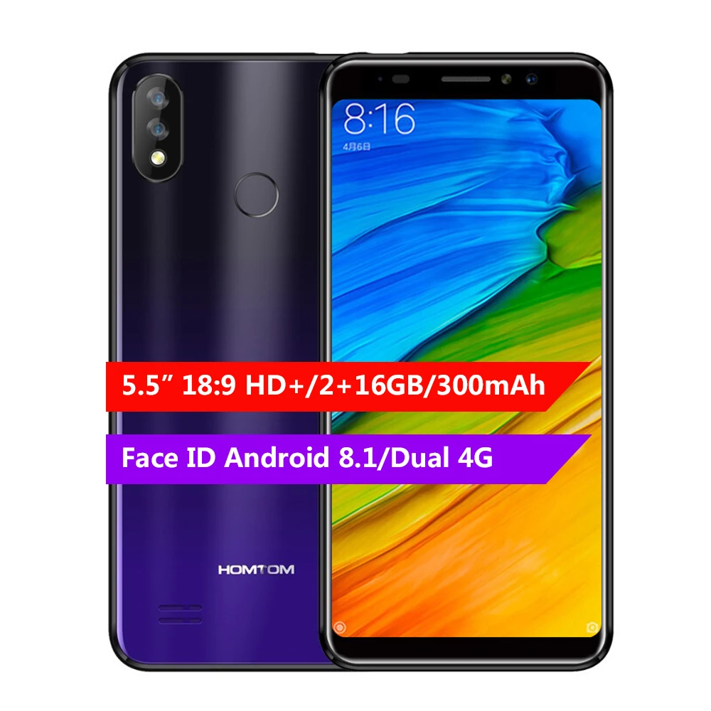 Homtom C8 смартфон с 5 дюймовым дисплеем четырёхъядерным процессором Android 8 1 ОЗУ 2 Гб