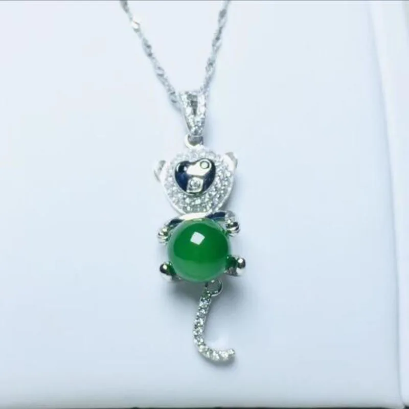 Natural Hetian Jasper Beads Inlaid Little Bear Shape Pendant 925 Silver Necklace For Women Girl Fine Jewelry Charm Gift