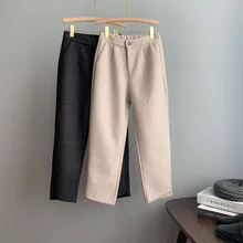Шерстяные брюки женские зимние толстые повседневные брюки капри шерстяные прямые брюки с эластичной талией узкие брюки бежевые