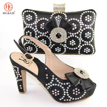 

New Arrival Black Color African Matching Shoes and Bags Italian In Women Nigerian Party Shoe and Bag Sets Rhinestone High Heels