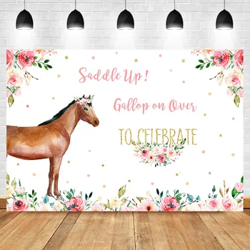 

NeoBack Saddle UP Gallop on Ouer to Celebrate Backdrop Flower Baby Shower Dessert Table Decorations Props Bannner Background